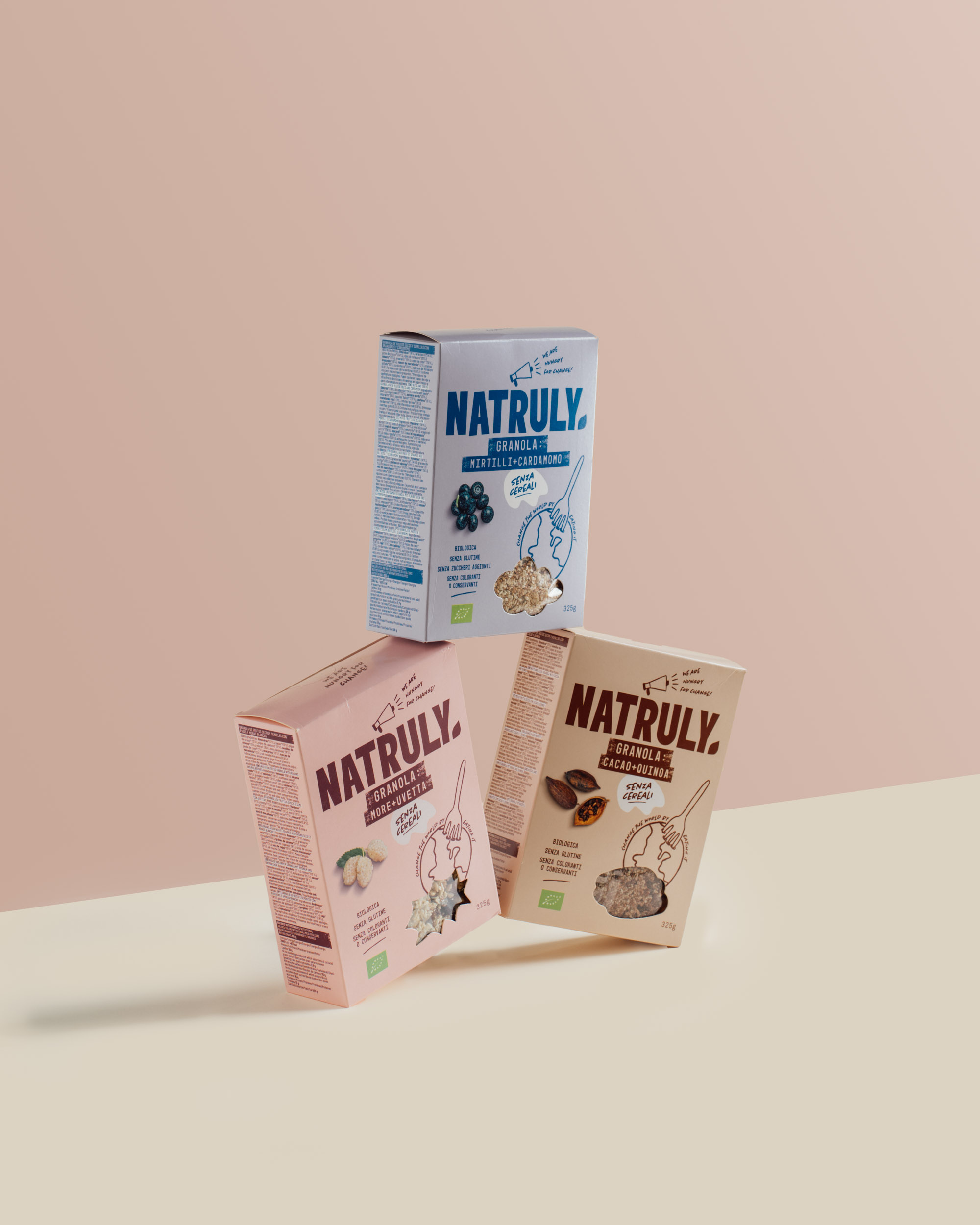 Product photography for Natruly — three natural food products arranged on a clean background